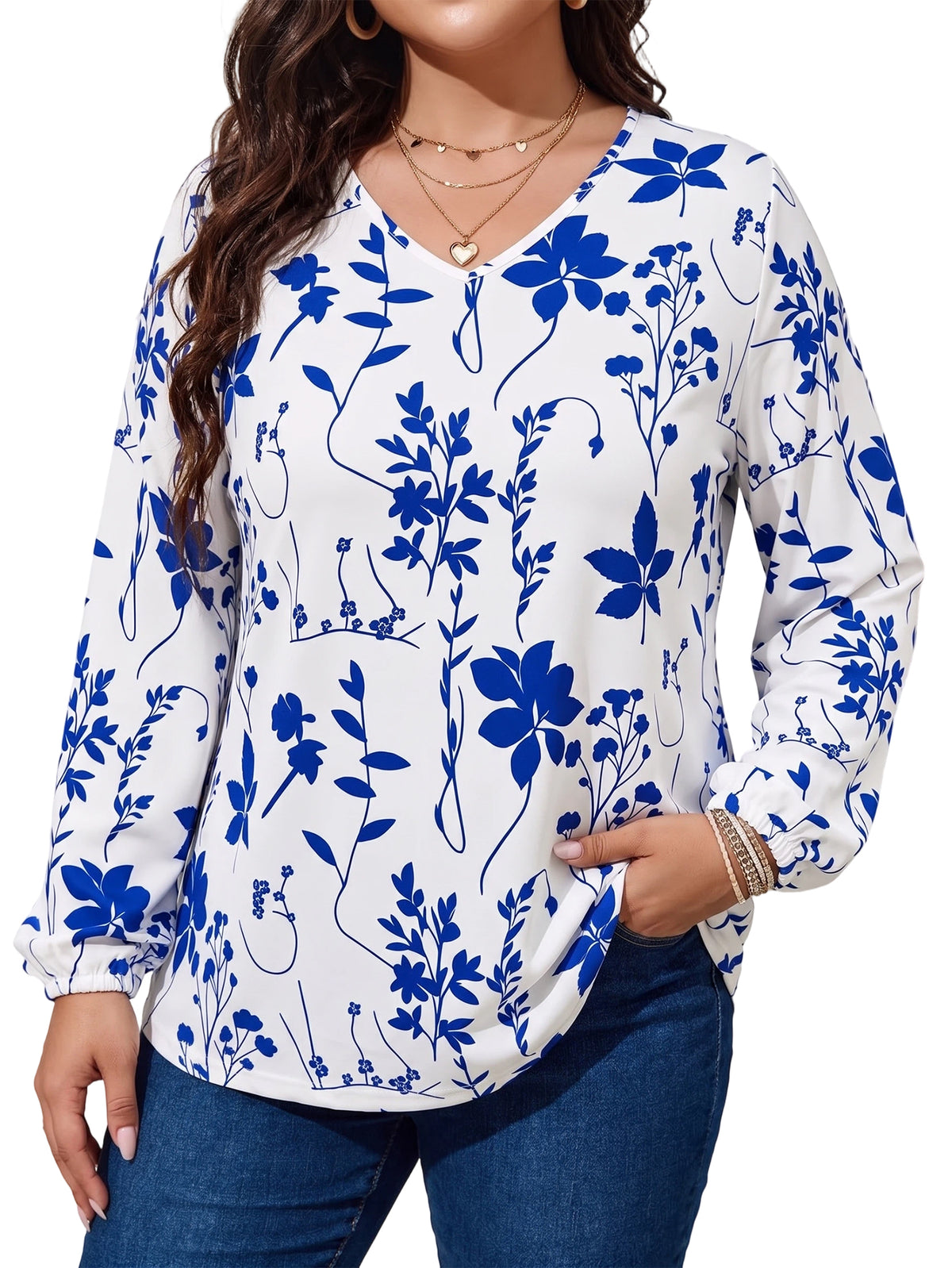 Women's Long Sleeve Floral Blouses V Neck Casual Tops Lightweight Printed Shirts for Spring Fall Winter Available in Plus Size