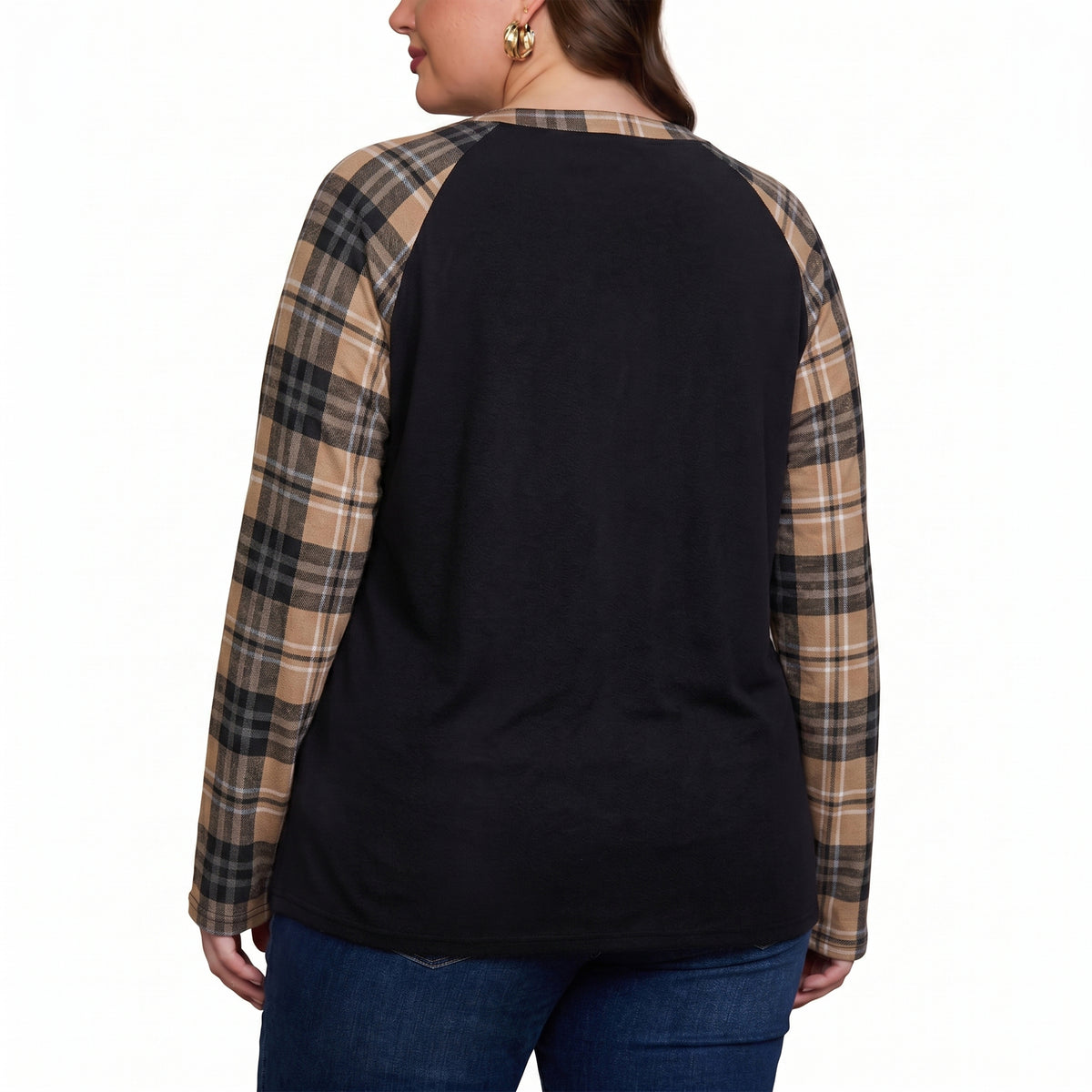 WQD Women's Long Sleeve Tops Plaid Raglan Sleeve Henley Tunic Shirt V Neck Button Casual Top for Spring Fall Winter