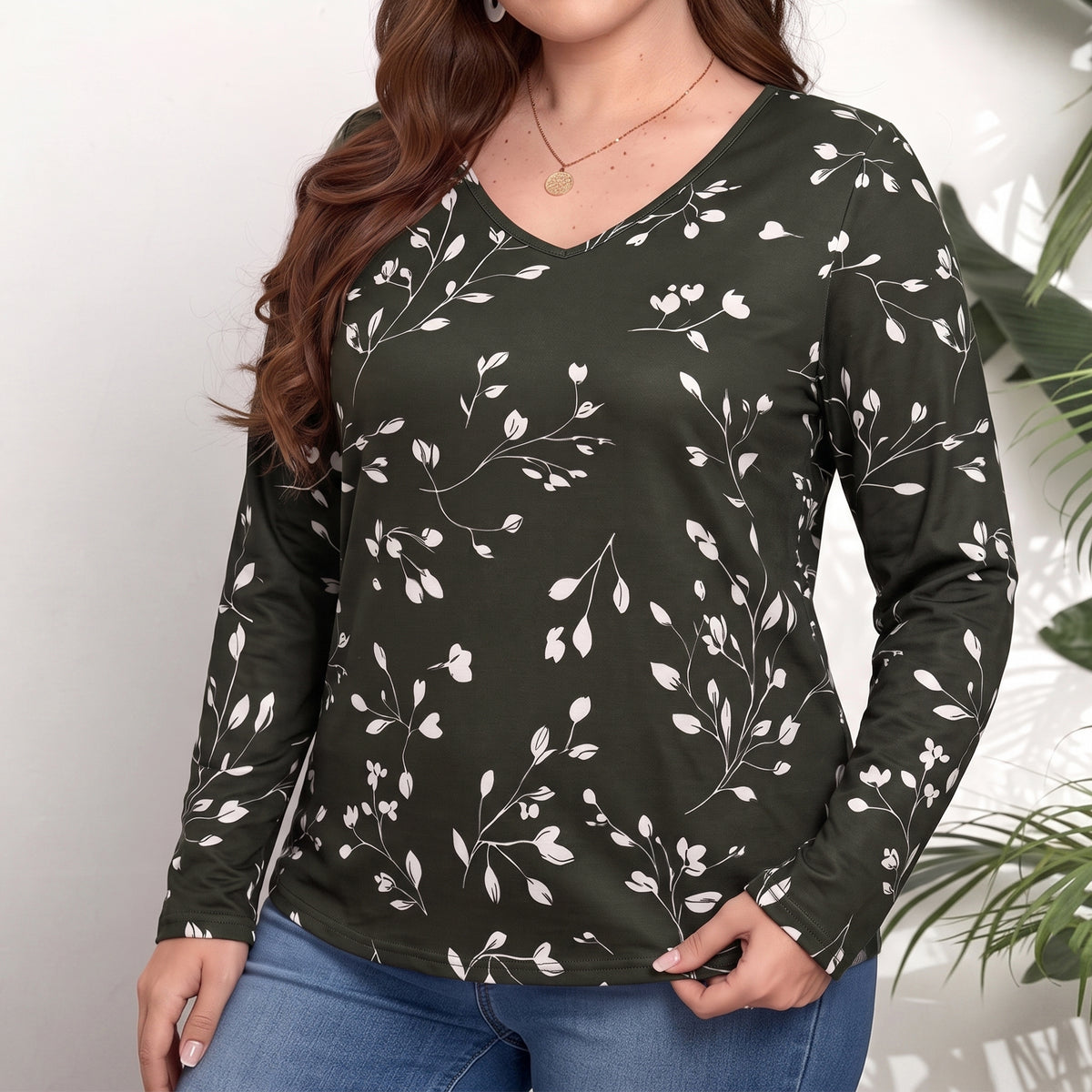 WQD Women's Long Sleeve Floral Tops V Neck Casual Tunic Shirts Lightweight Everyday Tops for Spring Fall Winter Including Plus Size