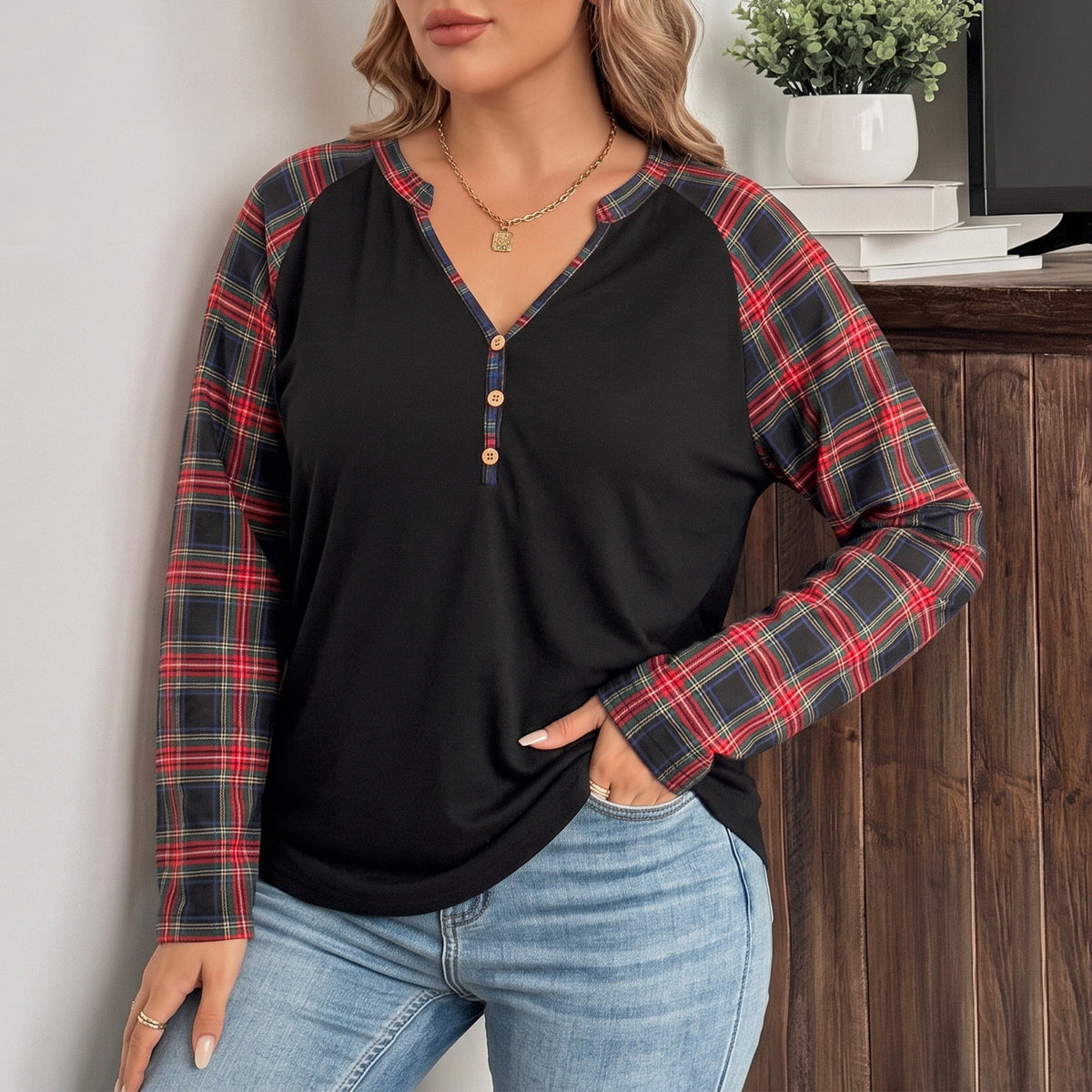 WQD Women's Long Sleeve Tops Plaid Raglan Sleeve Henley Tunic Shirt V Neck Button Casual Top for Spring Fall Winter