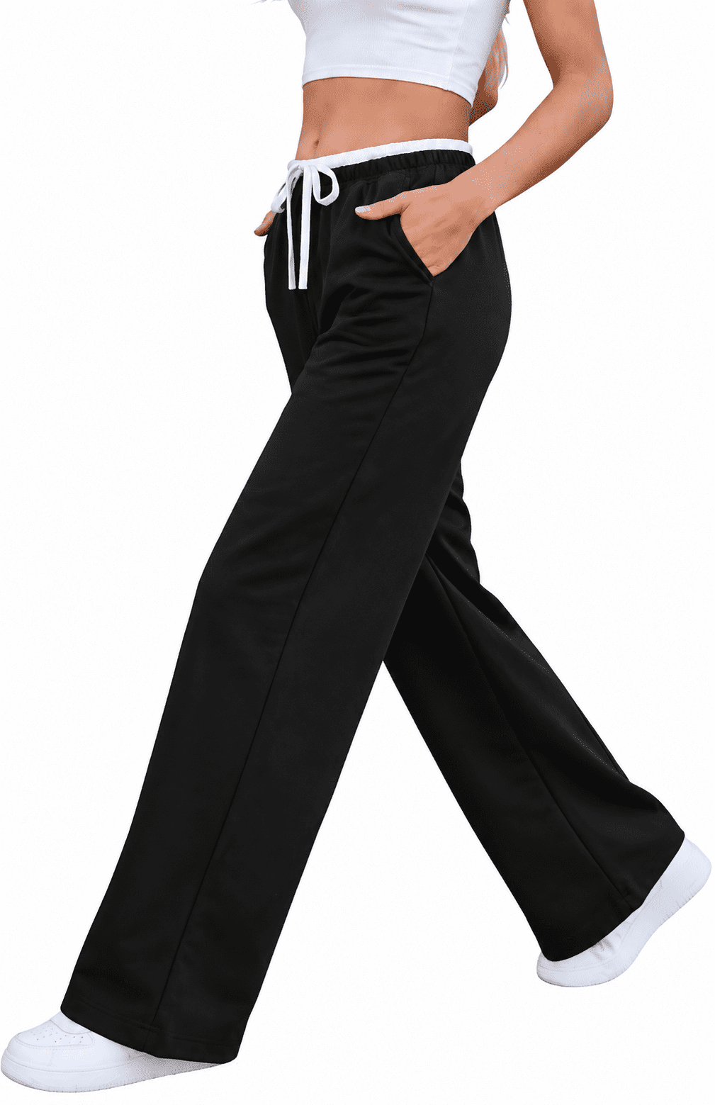 WQD Sweatpants for Women Wide Leg Loose Fit Lightweight Straight Track Pants with Color Block Waist Stretch Yoga Joggers Casual Lounge Trousers with Pockets