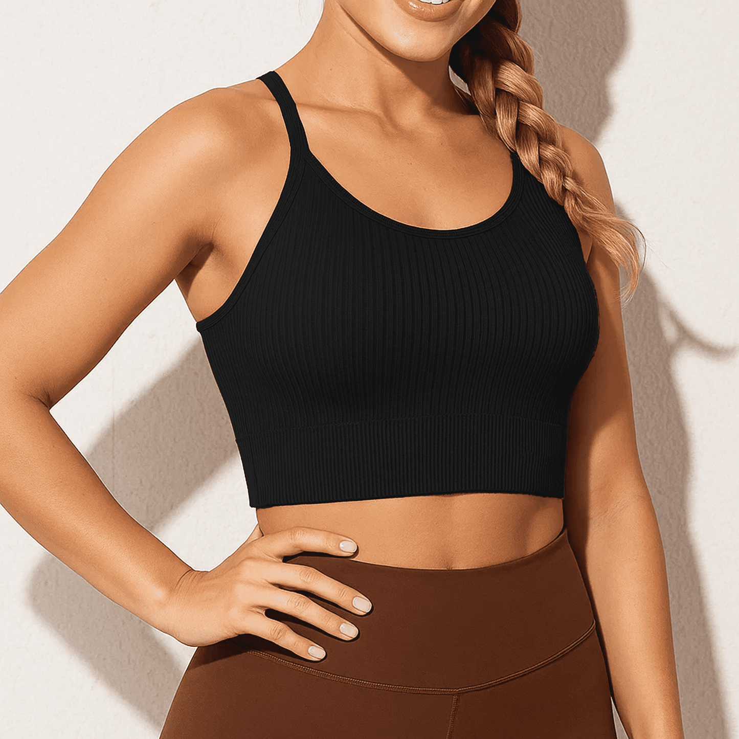 WQD 2 Pack Sports Bras for Women Crisscross Back Ribbed Knit Crop Top High Support Wirefree Padded Workout Yoga Bra Comfortable Athletic Tank Top for Gym Running Training