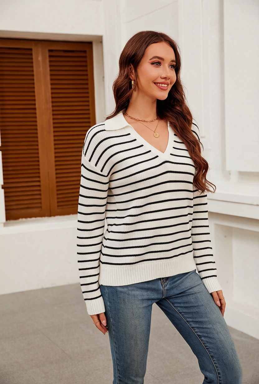 WQD Sweaters for Women Striped V Neck Collared Lightweight Knit Pullover Long Sleeve Casual Sweater for Spring Fall Winter