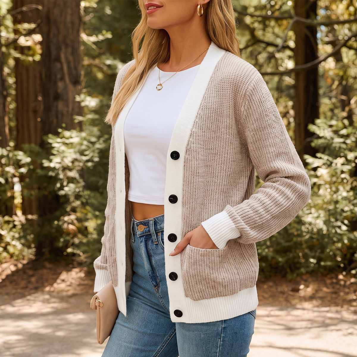 WQD Cardigan Sweaters for Women Button up Long Sleeve Knit Cardigan with Contrast Trim and Pockets for Spring Fall Winter