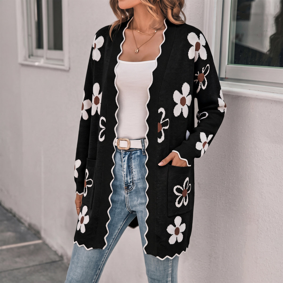 WQD Cardigans for Women Floral Knit Cardigan Long Sleeve Open Front Sweater with Pockets Casual Layering Jacket for Spring Fall Winter