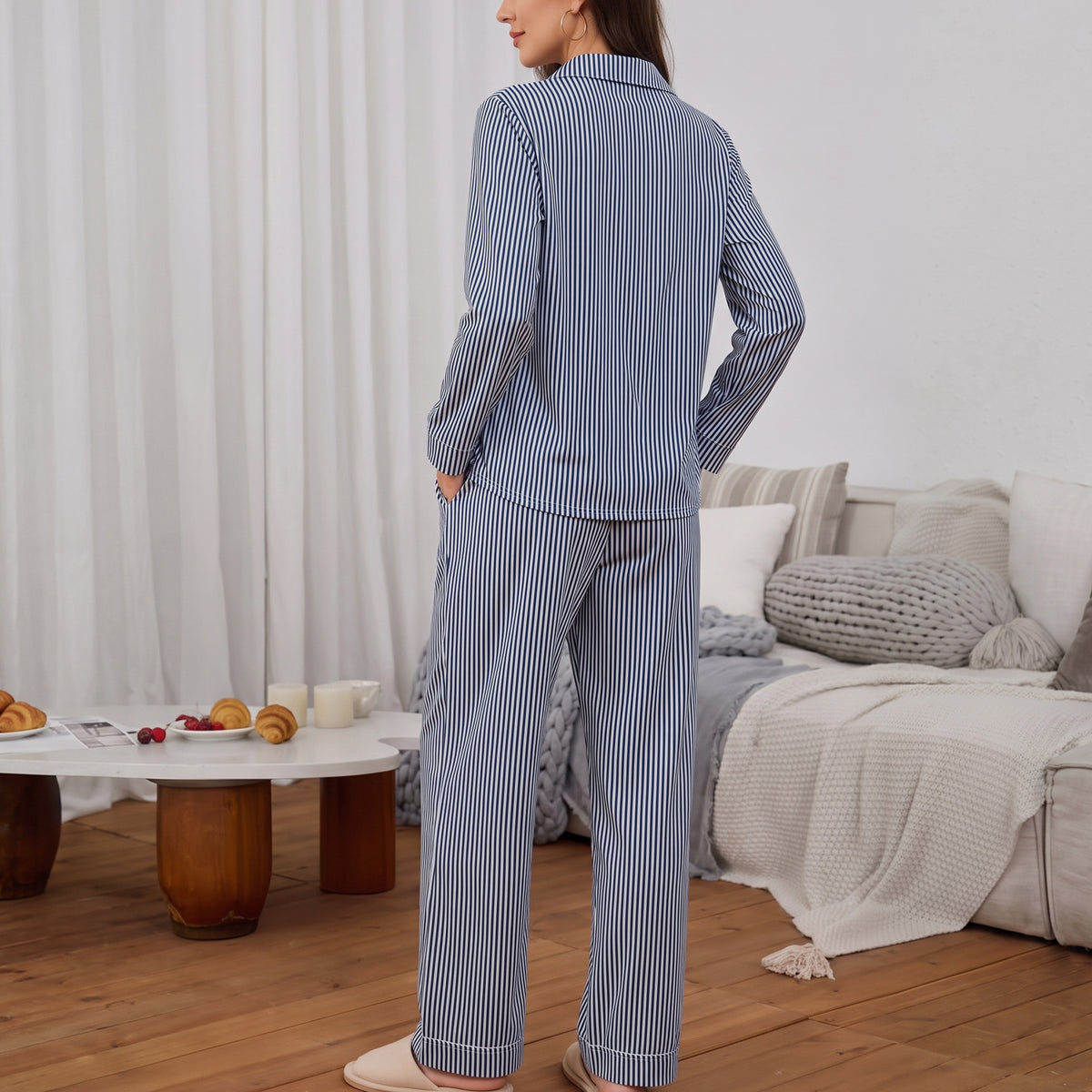 WQD Pajamas for Women Set 2 Piece Long Sleeve Button Down Top with Wide Leg Pants Soft Striped Loungewear Sleepwear with Pockets