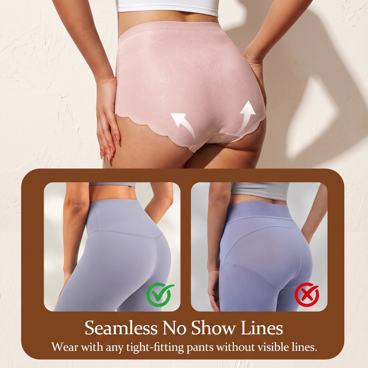WQD 2 Pack Women's High Waisted Seamless Panties Tummy Control Full Coverage No Show Underwear Soft Stretch Breathable Invisible Briefs Floral Jacquard Everyday Panties M-4XL Plus Size