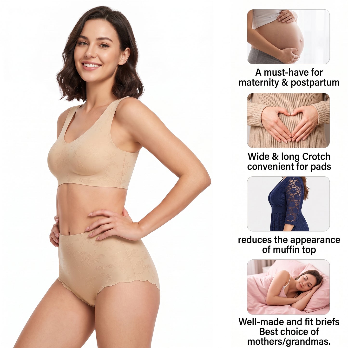 WQD 2 Pack Women's High Waisted Seamless Panties Tummy Control Full Coverage No Show Underwear Soft Stretch Breathable Invisible Briefs Floral Jacquard Everyday Panties M-4XL Plus Size