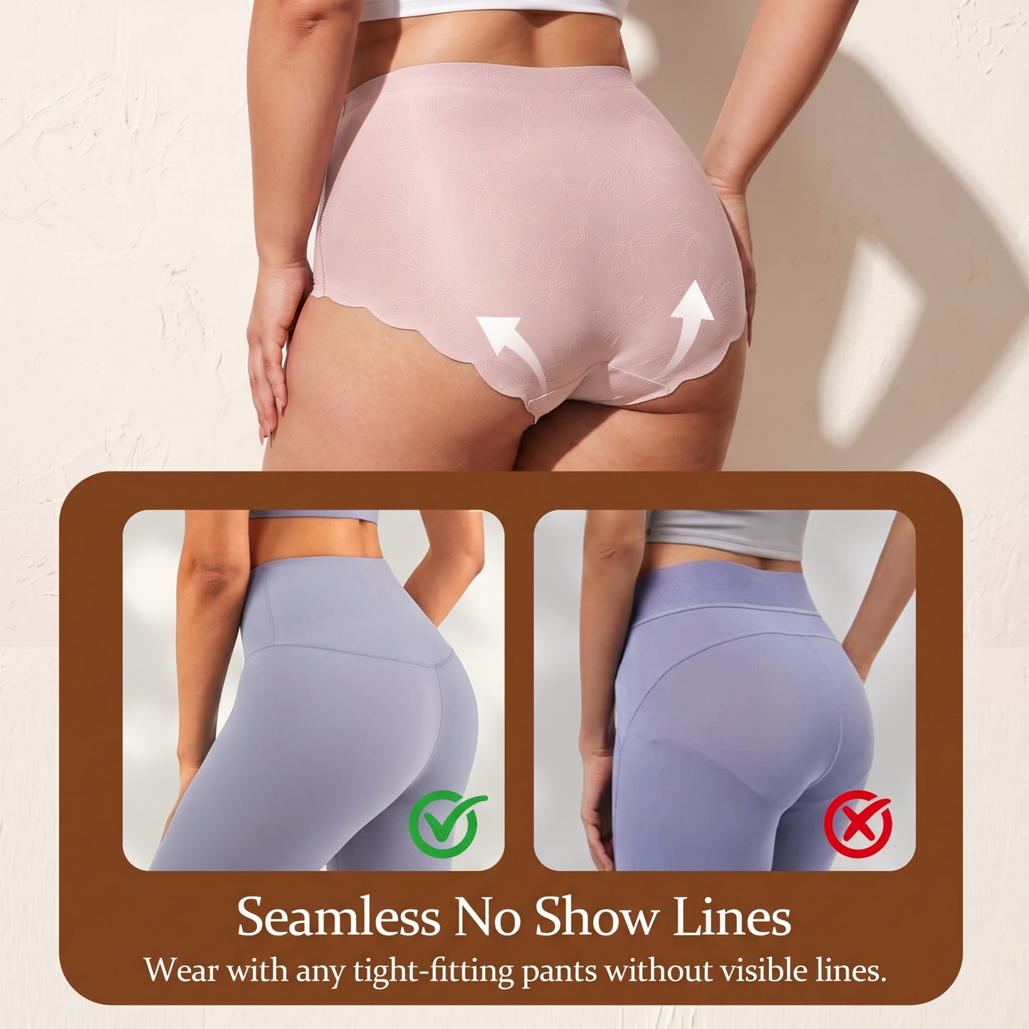 WQD 2 Pack Women's High Waisted Seamless Panties Tummy Control Full Coverage No Show Underwear Soft Stretch Breathable Invisible Briefs Floral Jacquard Everyday Panties M-4XL Plus Size