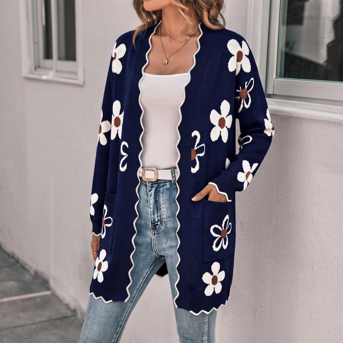 WQD Cardigans for Women Floral Knit Cardigan Long Sleeve Open Front Sweater with Pockets Casual Layering Jacket for Spring Fall Winter