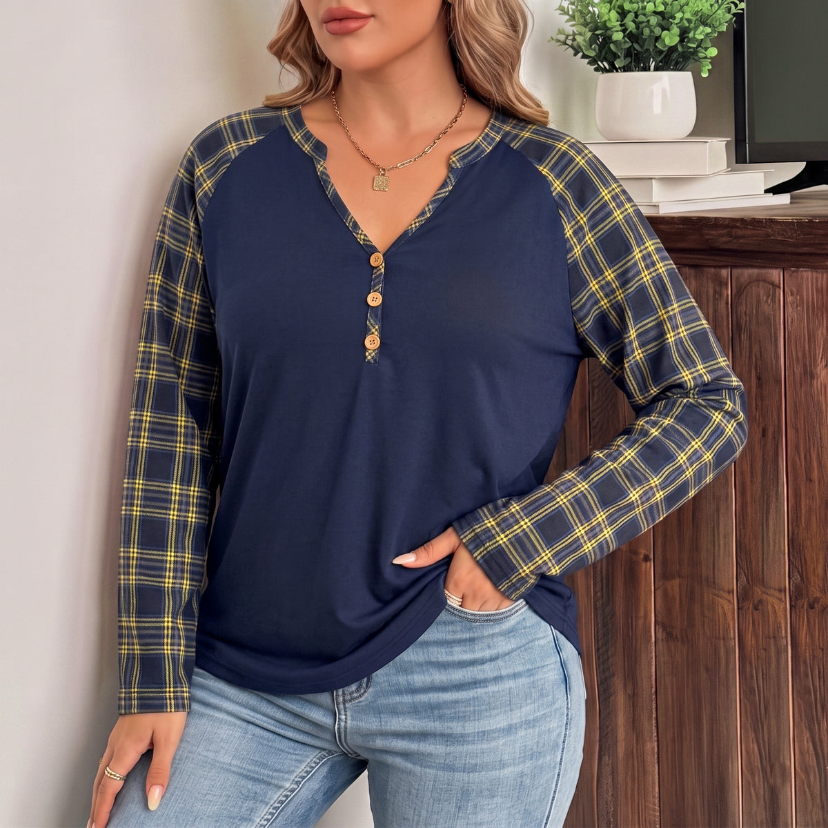 WQD Women's Long Sleeve Tops Plaid Raglan Sleeve Henley Tunic Shirt V Neck Button Casual Top for Spring Fall Winter
