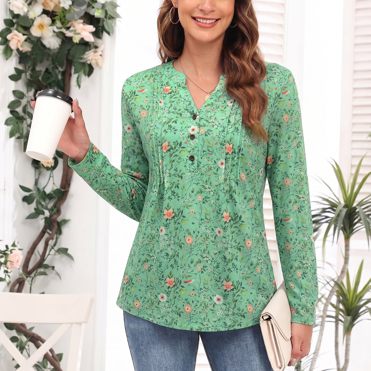 Women's Long Sleeve Tunic Tops Floral Pintuck Blouses Popover Shirts Dressy Casual Tops for Leggings Spring Fall Available in Sizes S-4XL