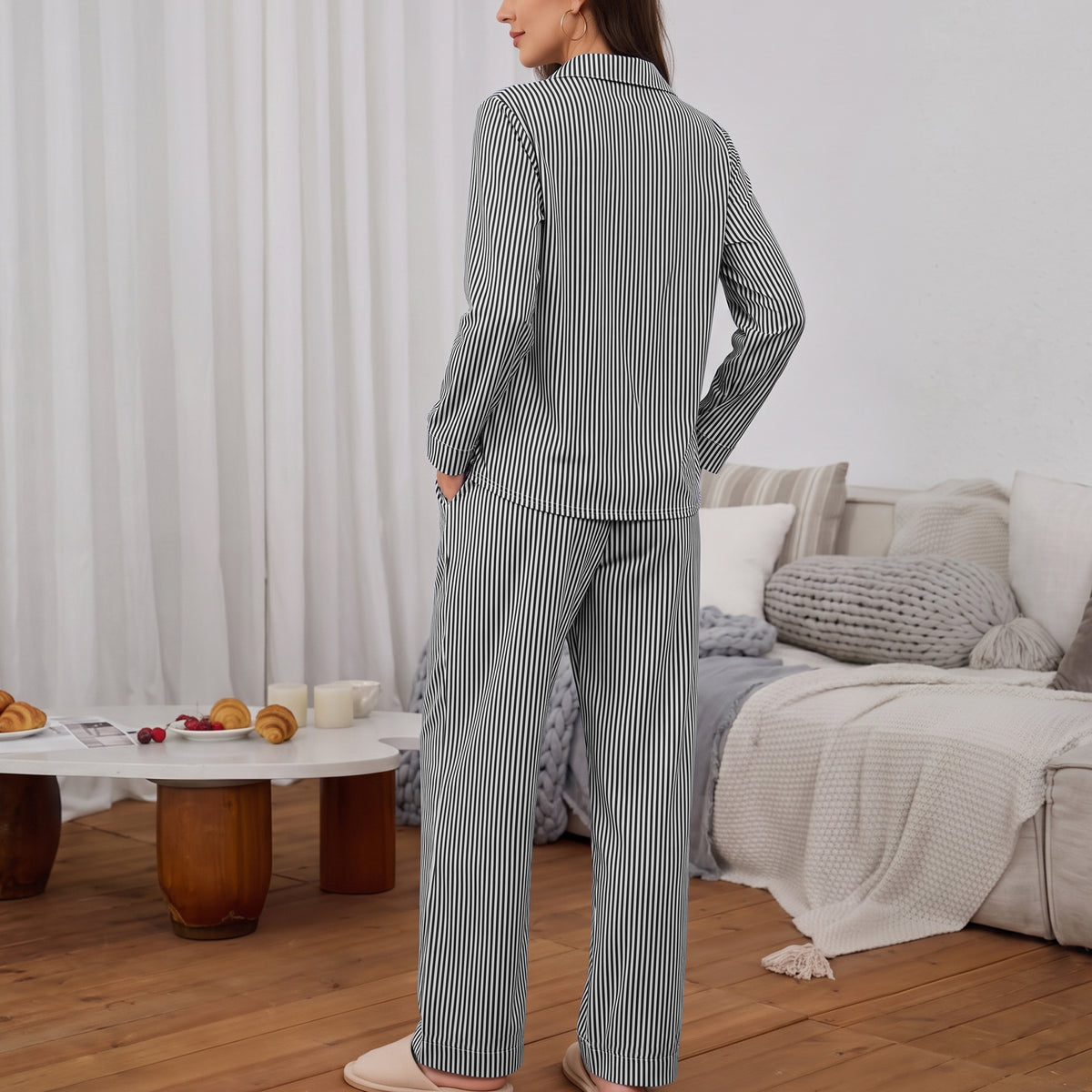WQD Pajamas for Women Set 2 Piece Long Sleeve Button Down Top with Wide Leg Pants Soft Striped Loungewear Sleepwear with Pockets