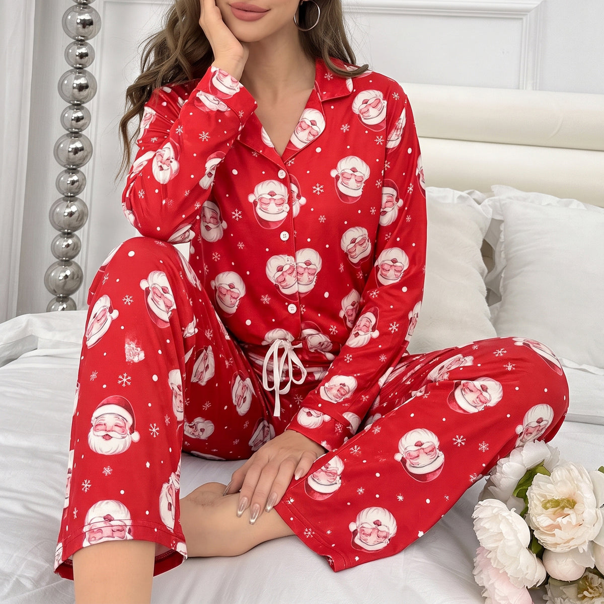 Women's Pajama Sets 2 Piece Pajama Set for Women Long Sleeve Button Front Sleepwear with Wide Leg Pajama Pants Soft Comfy Pajamas with Pockets