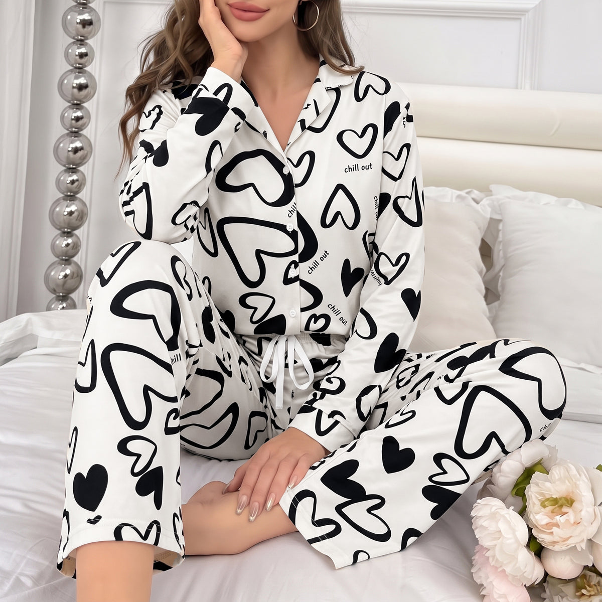 Women's Pajama Sets 2 Piece Pajama Set for Women Long Sleeve Button Front Sleepwear with Wide Leg Pajama Pants Soft Comfy Pajamas with Pockets