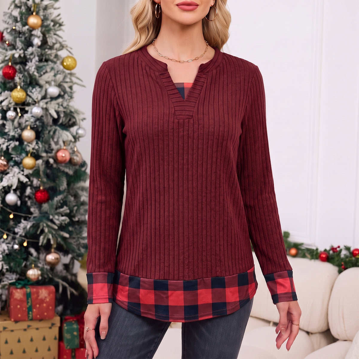 Long Sleeve Shirts for Women Casual V Neck Plaid Fake Two Piece Tops Lightweight Knit Tops Plus Size S-4XL