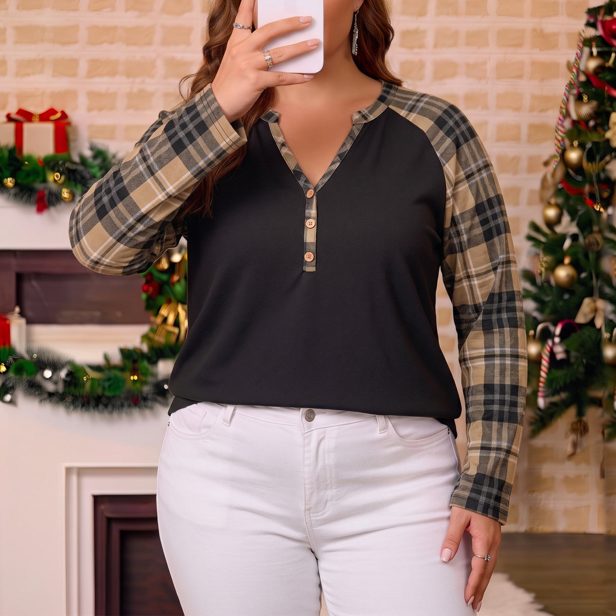 WQD Women's Long Sleeve Tops Plaid Raglan Sleeve Henley Tunic Shirt V Neck Button Casual Top for Spring Fall Winter