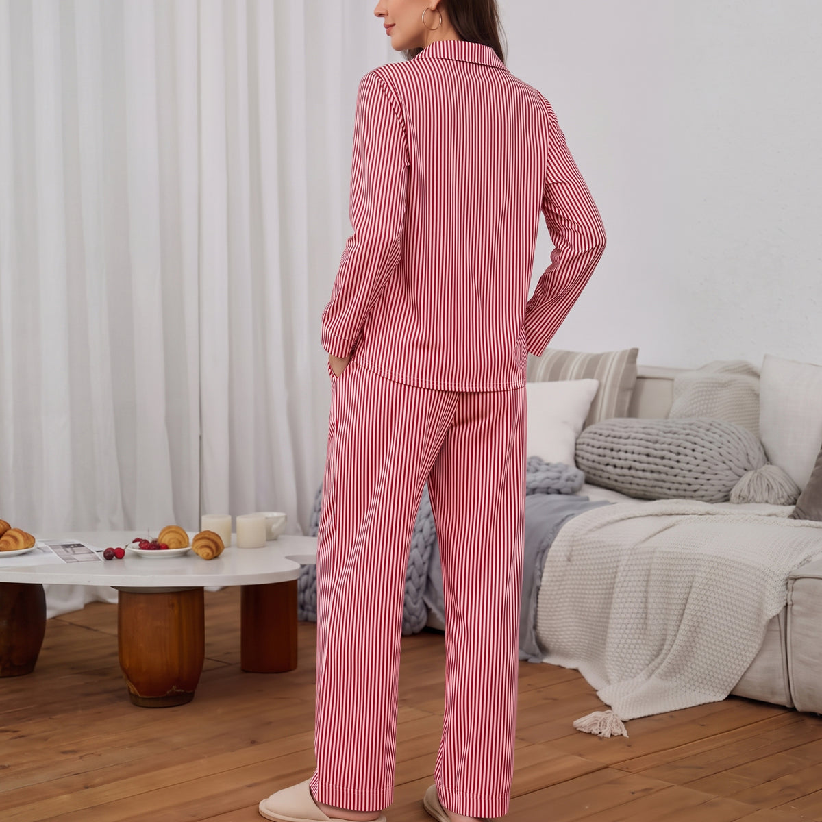 WQD Pajamas for Women Set 2 Piece Long Sleeve Button Down Top with Wide Leg Pants Soft Striped Loungewear Sleepwear with Pockets
