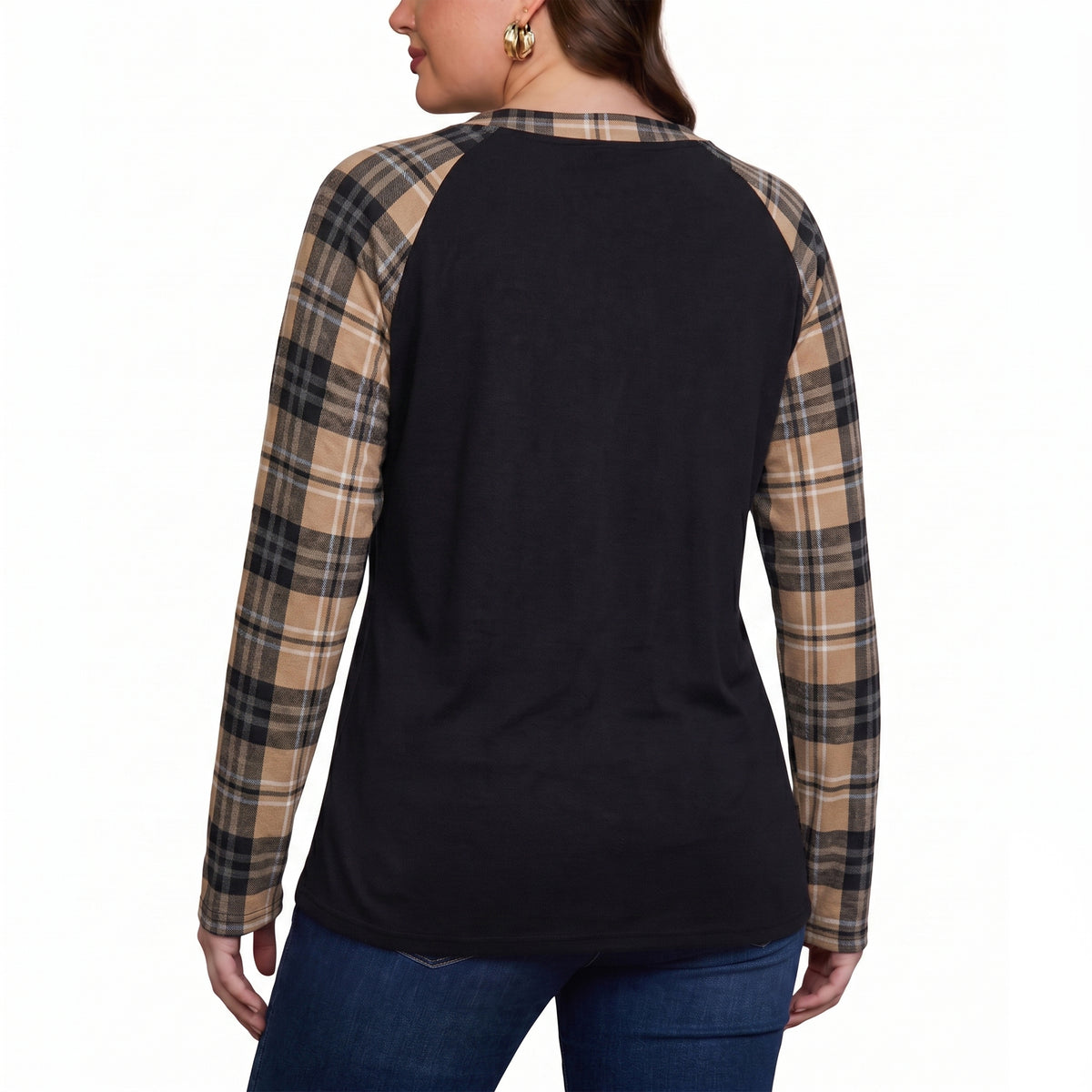 WQD Women's Long Sleeve Tops Plaid Raglan Sleeve Henley Tunic Shirt V Neck Button Casual Top for Spring Fall Winter