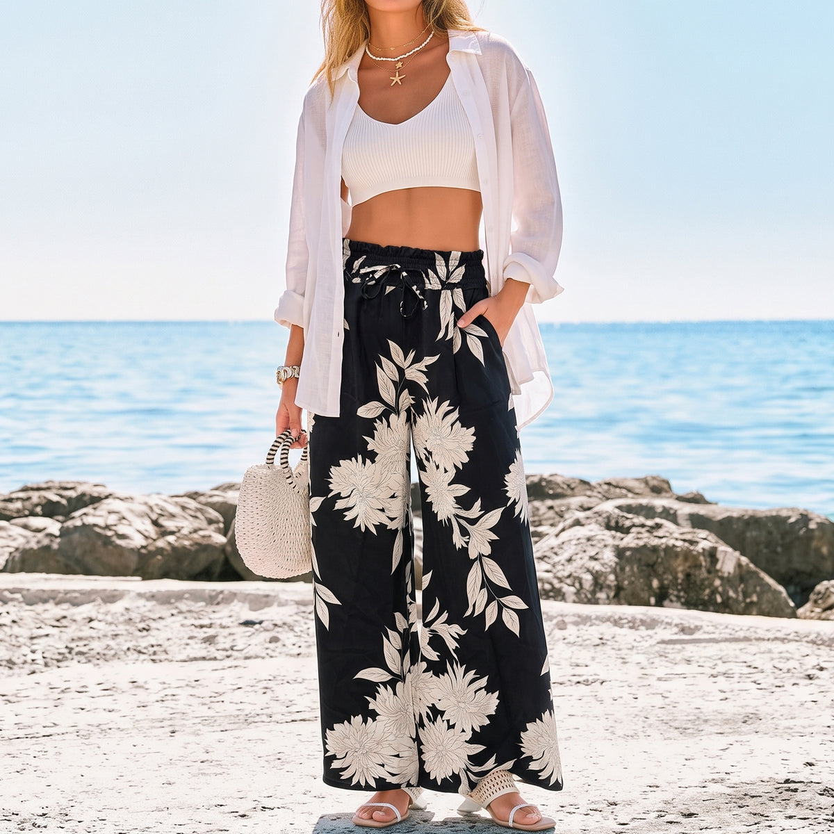 WQD Women's Wide Leg Pants Casual Elastic Waist Printed Palazzo Pants with Pockets Flowy Loose Trousers for Vacation Beach Travel