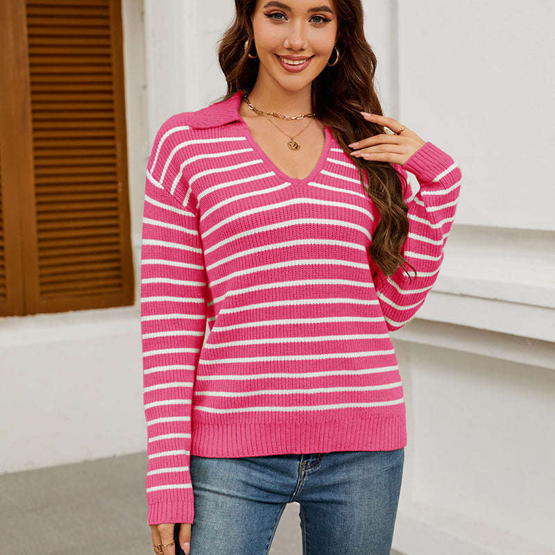 WQD Sweaters for Women Striped V Neck Collared Lightweight Knit Pullover Long Sleeve Casual Sweater for Spring Fall Winter