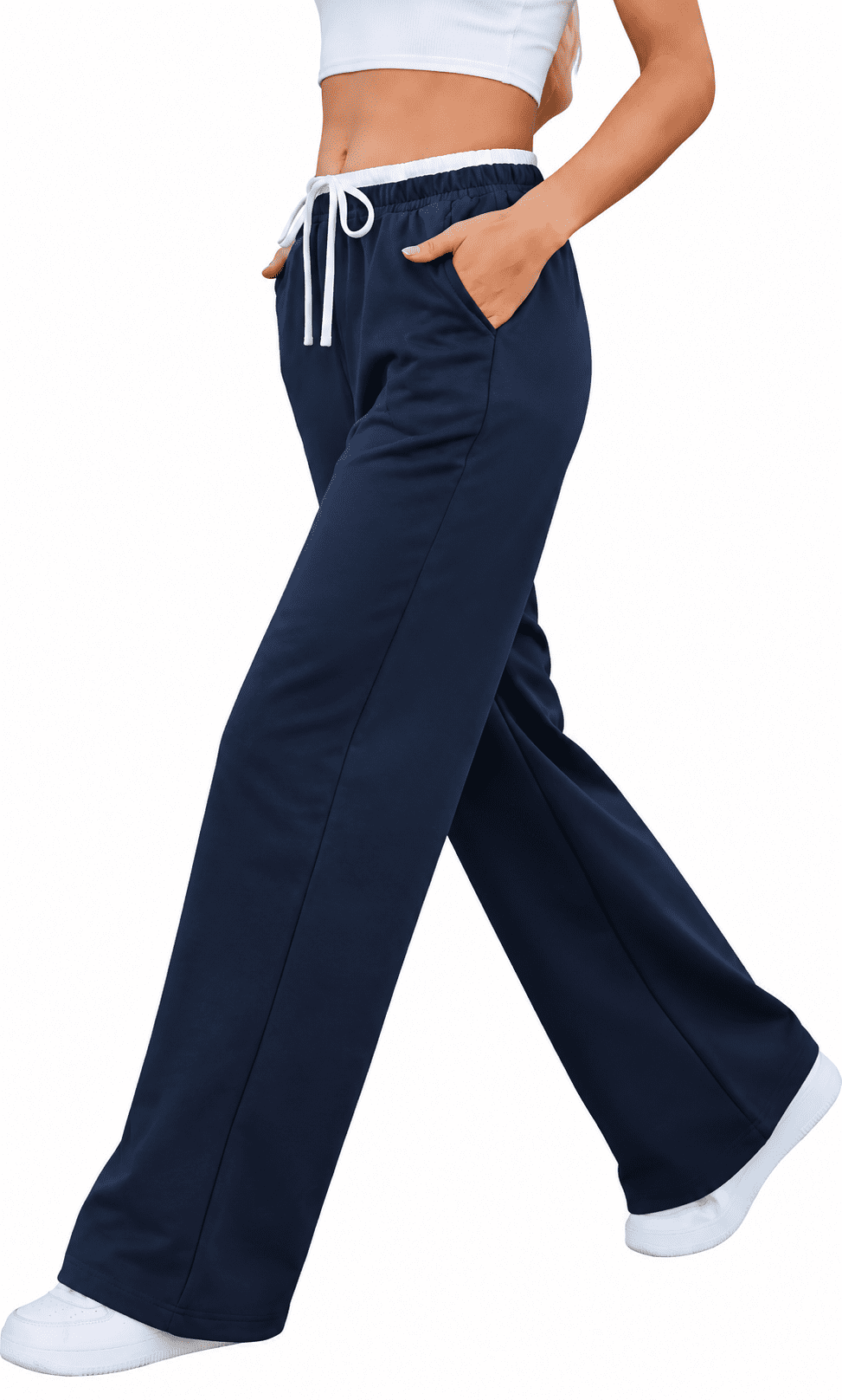 WQD Sweatpants for Women Wide Leg Loose Fit Lightweight Straight Track Pants with Color Block Waist Stretch Yoga Joggers Casual Lounge Trousers with Pockets