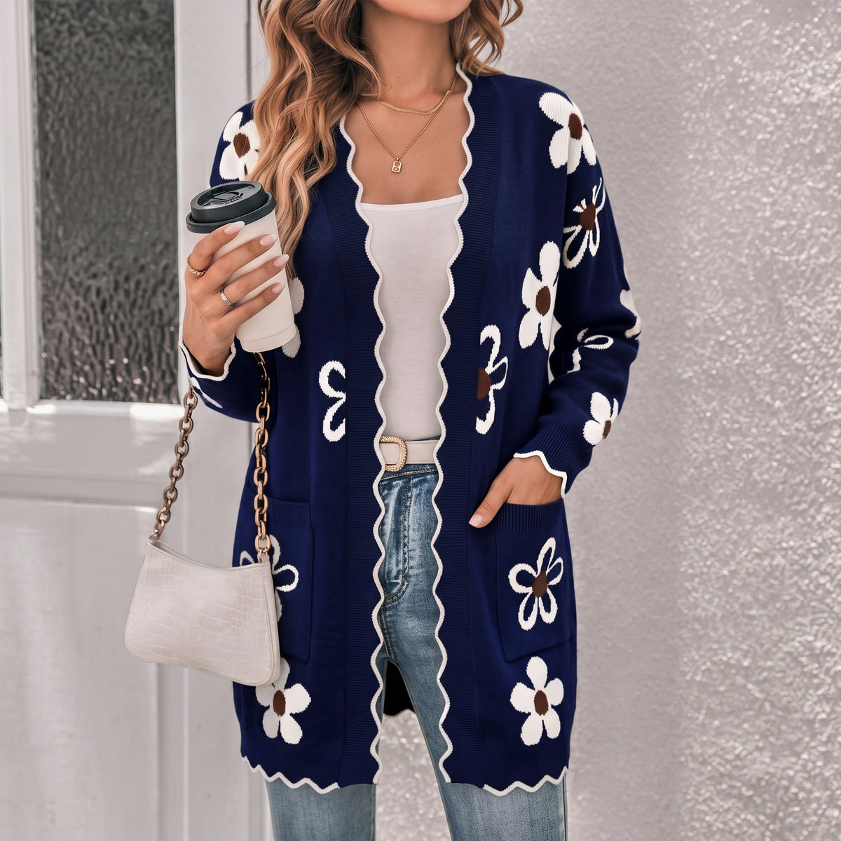 WQD Cardigans for Women Floral Knit Cardigan Long Sleeve Open Front Sweater with Pockets Casual Layering Jacket for Spring Fall Winter