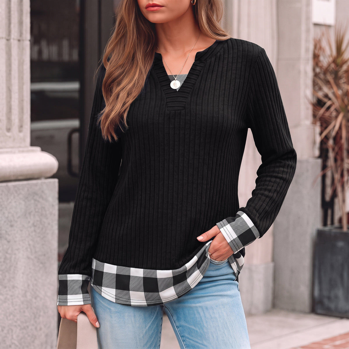 Long Sleeve Shirts for Women Casual V Neck Plaid Fake Two Piece Tops Lightweight Knit Tops Plus Size S-4XL