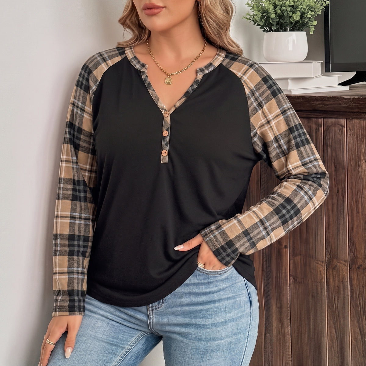 WQD Women's Long Sleeve Tops Plaid Raglan Sleeve Henley Tunic Shirt V Neck Button Casual Top for Spring Fall Winter