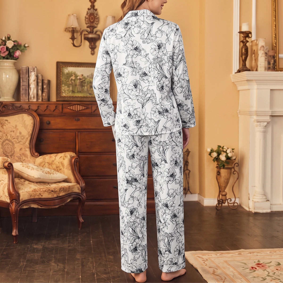 Women's Pajama Sets 2 Piece Pajama Set for Women Long Sleeve Button Front Sleepwear with Wide Leg Pajama Pants Soft Comfy Pajamas with Pockets