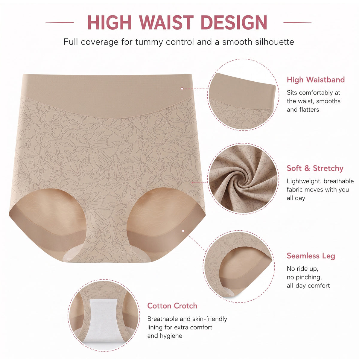 High Waisted Panties for Women 2 Pack Seamless Full Coverage No Show Underwear Soft Stretch Breathable Floral Jacquard Briefs Available in Plus Size