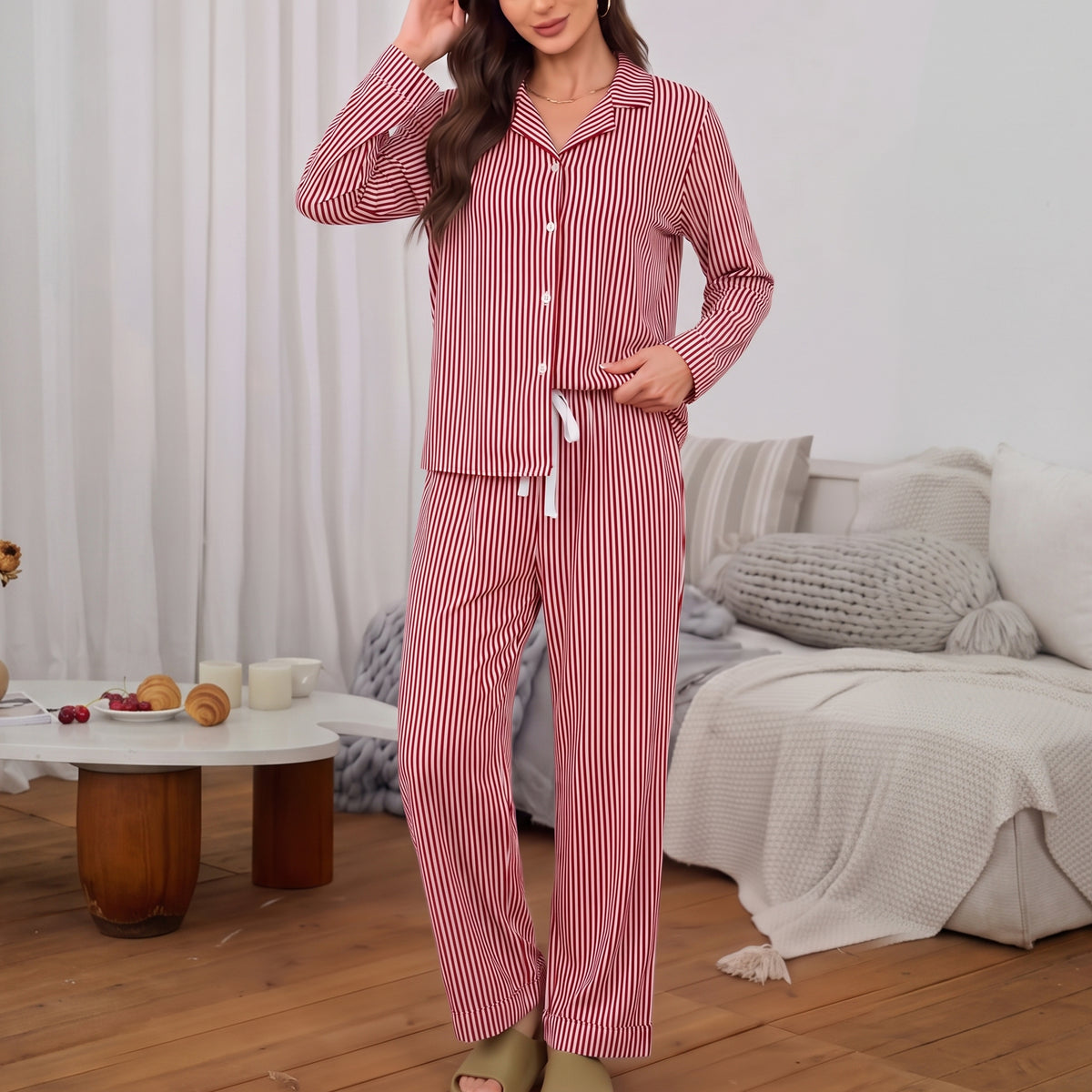 WQD Pajamas for Women Set 2 Piece Long Sleeve Button Down Top with Wide Leg Pants Soft Striped Loungewear Sleepwear with Pockets