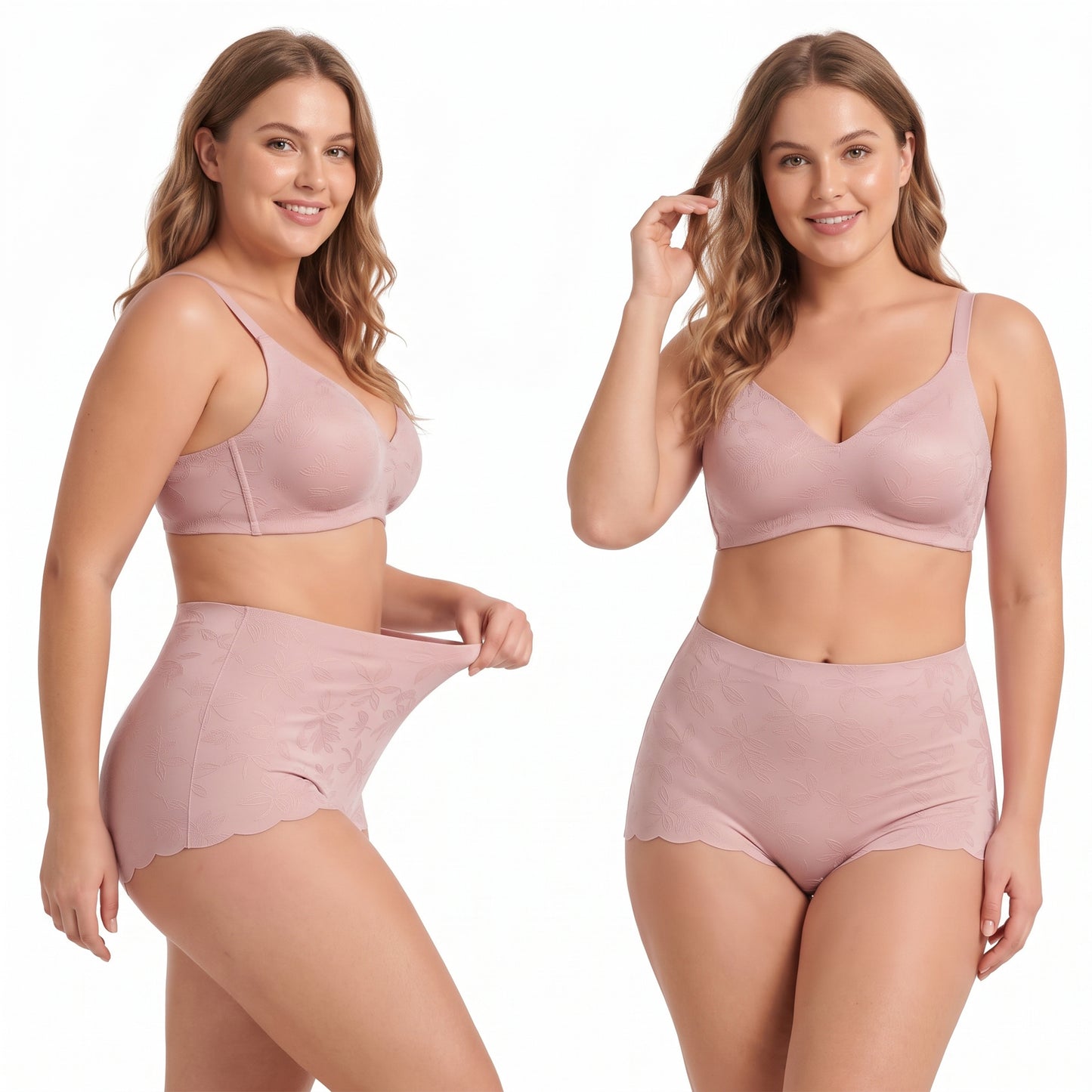 WQD 2 Pack Women's High Waisted Seamless Panties Tummy Control Full Coverage No Show Underwear Soft Stretch Breathable Invisible Briefs Floral Jacquard Everyday Panties M-4XL Plus Size