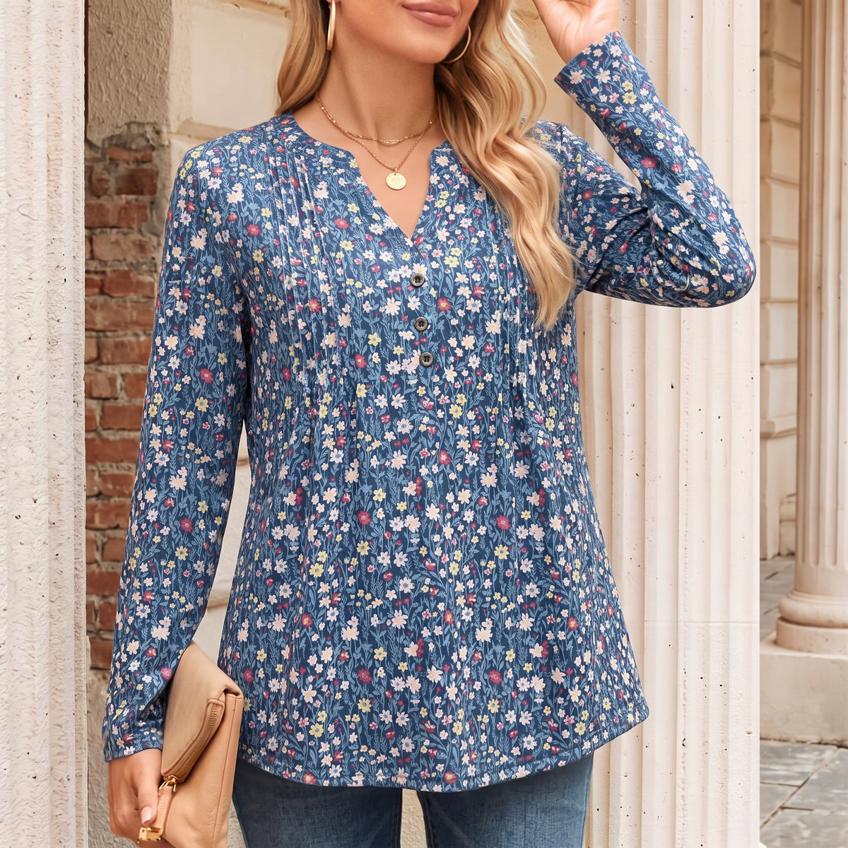 Women's Long Sleeve Tunic Tops Floral Pintuck Blouses Popover Shirts Dressy Casual Tops for Leggings Spring Fall Available in Sizes S-4XL