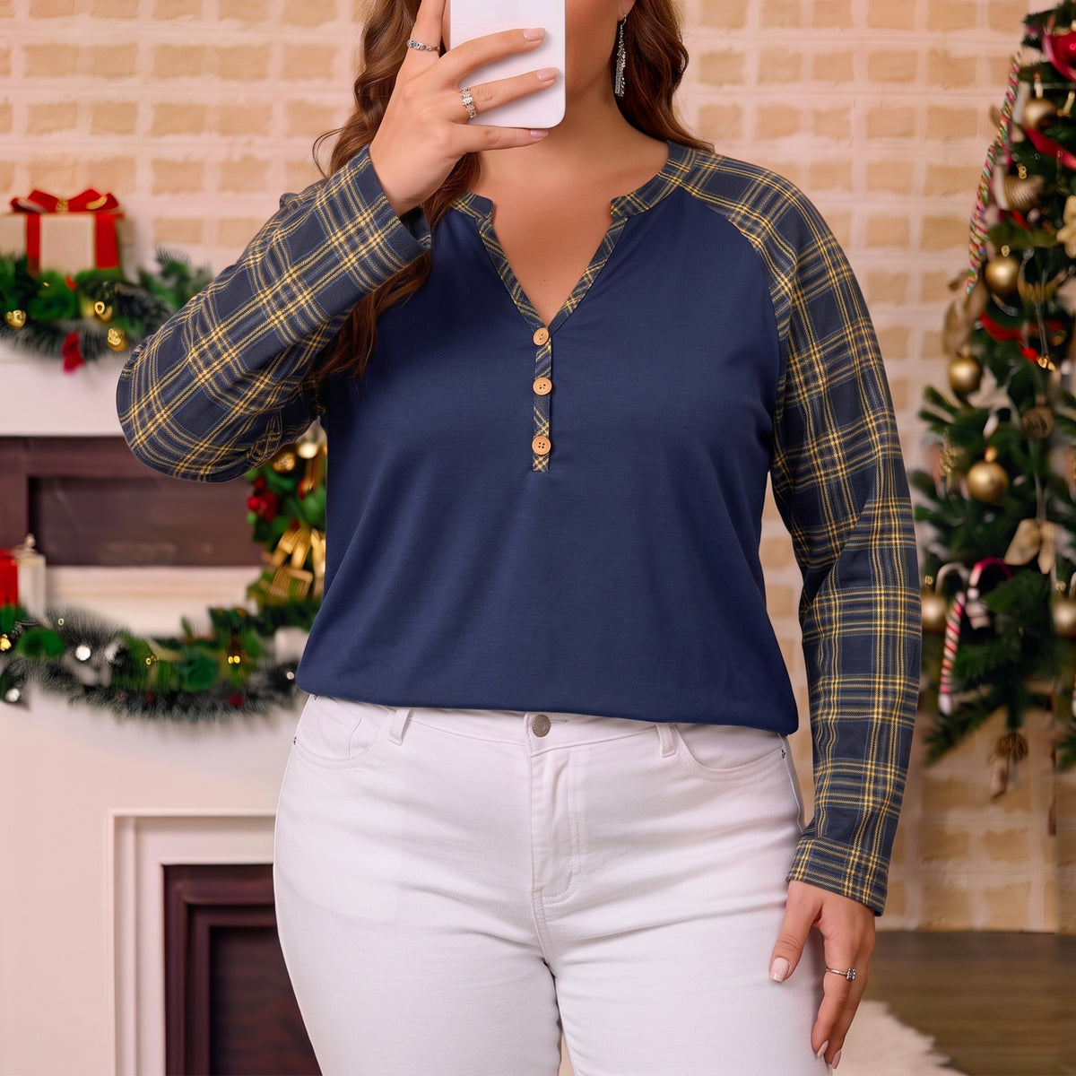 WQD Women's Long Sleeve Tops Plaid Raglan Sleeve Henley Tunic Shirt V Neck Button Casual Top for Spring Fall Winter