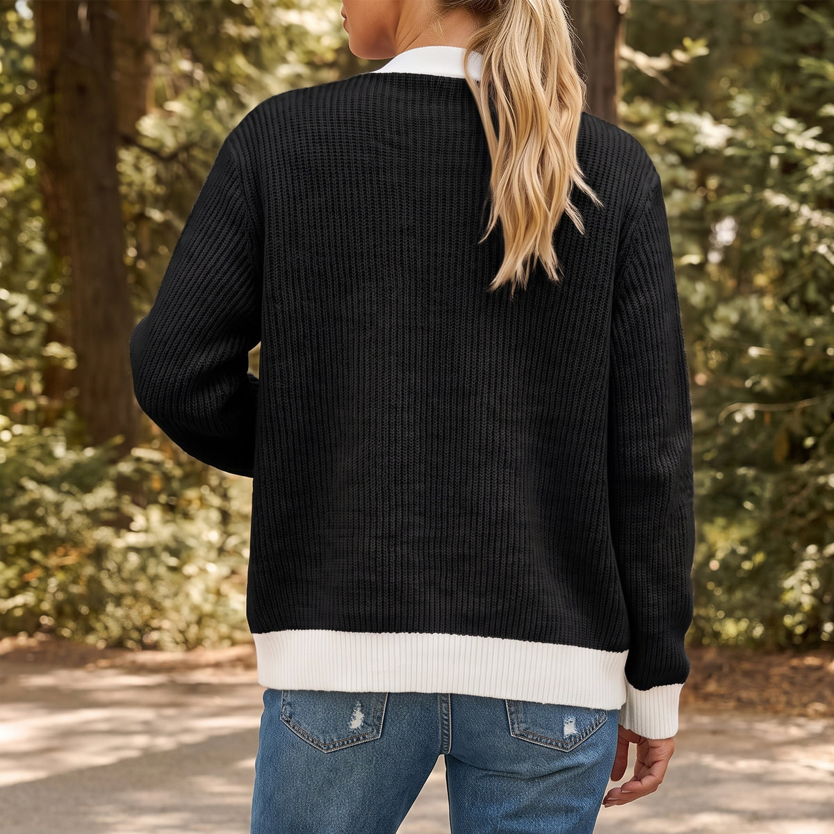 WQD Cardigan Sweaters for Women Button up Long Sleeve Knit Cardigan with Contrast Trim and Pockets for Spring Fall Winter