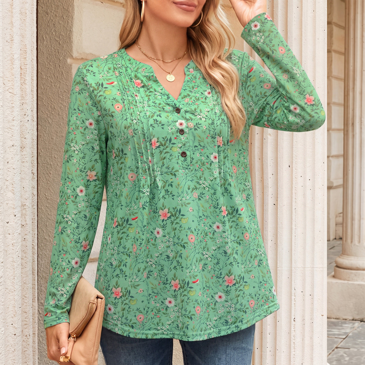 Women's Long Sleeve Tunic Tops Floral Pintuck Blouses Popover Shirts Dressy Casual Tops for Leggings Spring Fall Available in Sizes S-4XL