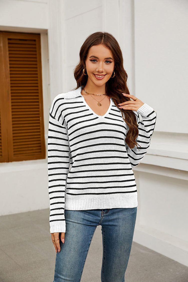 WQD Sweaters for Women Striped V Neck Collared Lightweight Knit Pullover Long Sleeve Casual Sweater for Spring Fall Winter