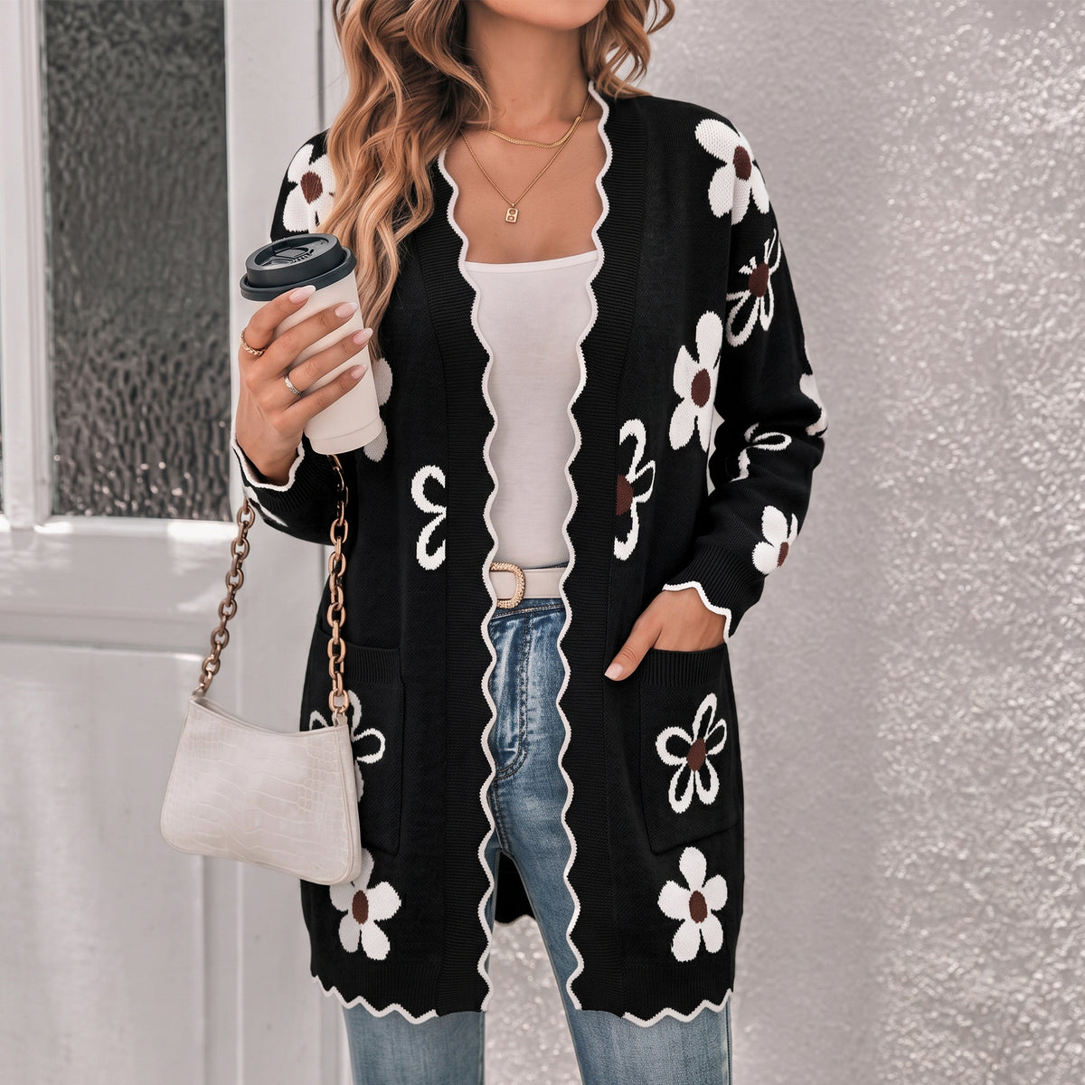 WQD Cardigans for Women Floral Knit Cardigan Long Sleeve Open Front Sweater with Pockets Casual Layering Jacket for Spring Fall Winter