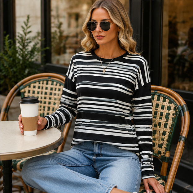 WQD Womens Long Sleeve Sweater Tops Crew Neck Striped Sweater for Women Lightweight Pullover Sweaters Casual Striped Womens Top Sweater