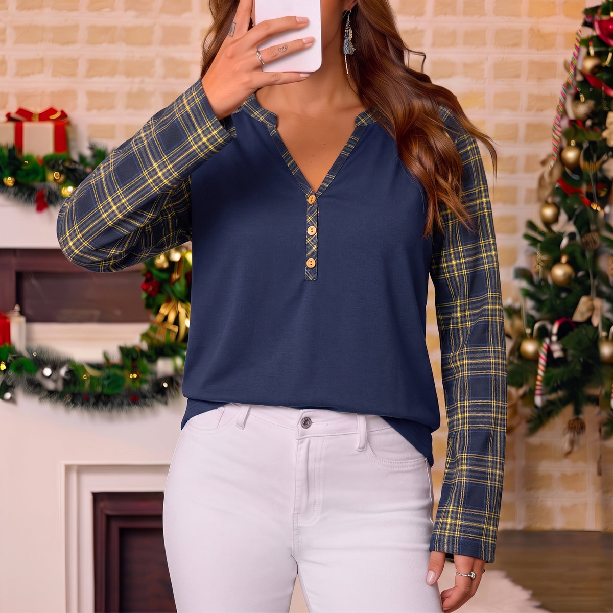 WQD Women's Long Sleeve Tops Plaid Raglan Sleeve Henley Tunic Shirt V Neck Button Casual Top for Spring Fall Winter