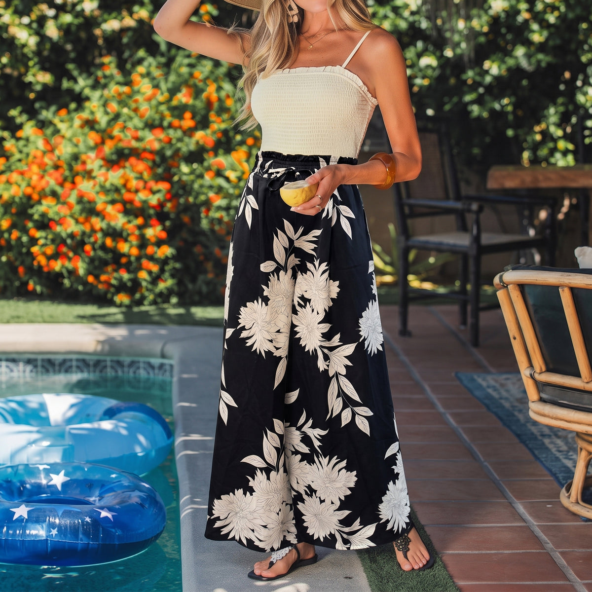 WQD Women's Wide Leg Pants Casual Elastic Waist Printed Palazzo Pants with Pockets Flowy Loose Trousers for Vacation Beach Travel