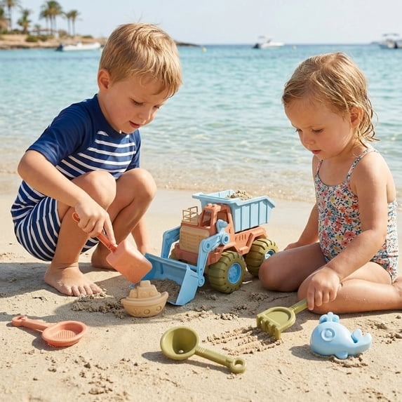 Flynow 7 PCS Beach Toy Set for Kids 3+ Years Old, Friendly Travel Play Sand Construction Set, Sand Castle Building Kit, Outdoor Car Toy Set, Birthday Gift for Girl Boy Age 3 4 5 6 7 8