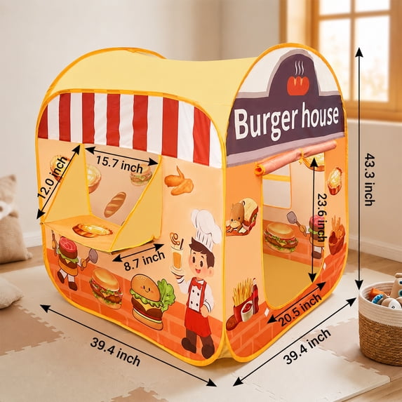 Flynow Kids Pop Up Hamburger Restaurant Play Tent, Playhouse Indoor Outdoor Folding Portable Play Tent for Kids Boys and Girls Role Play Camping Toys