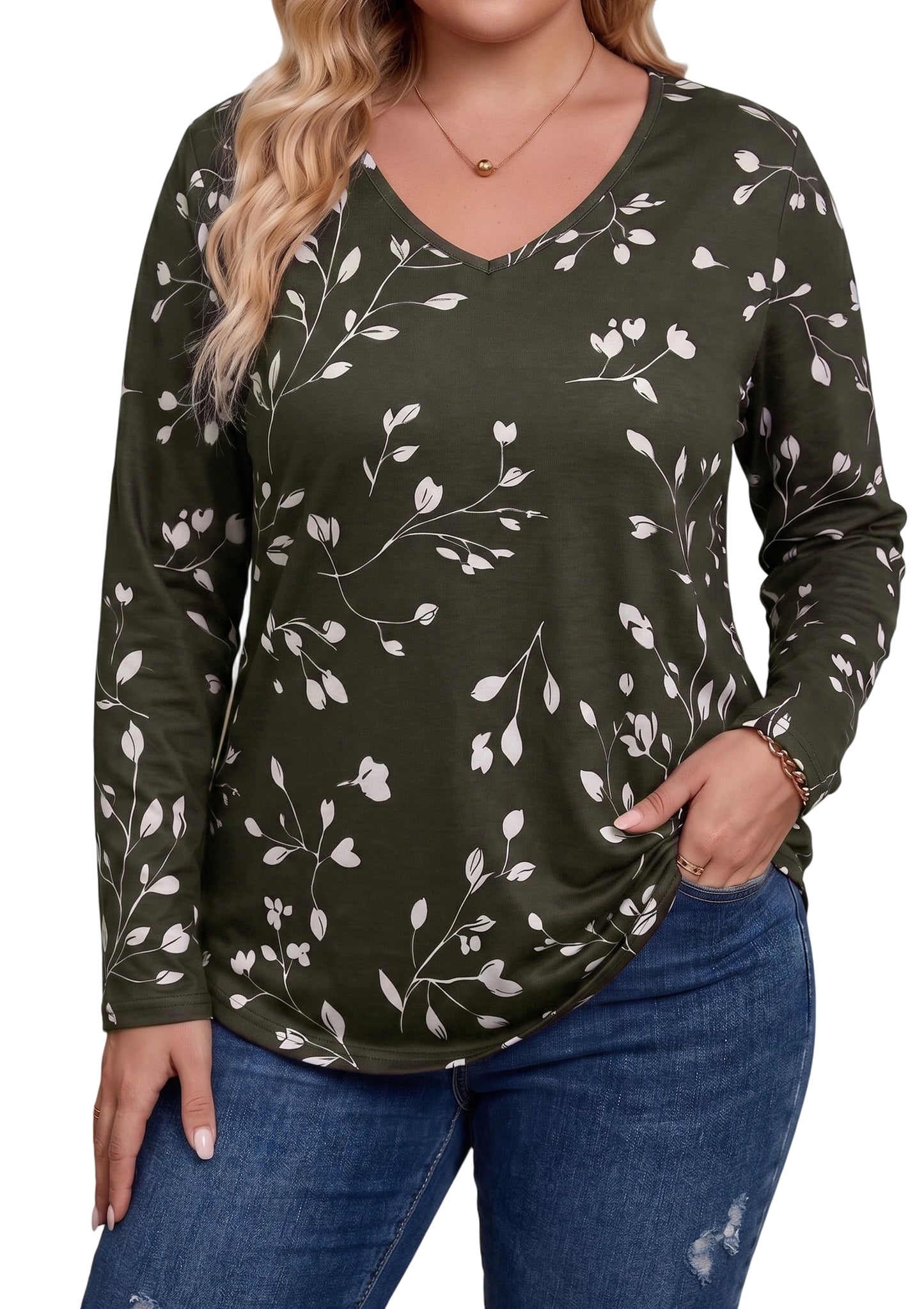 WQD Women's Long Sleeve Floral Tops V Neck Casual Tunic Shirts Lightweight Everyday Tops for Spring Fall Winter Including Plus Size
