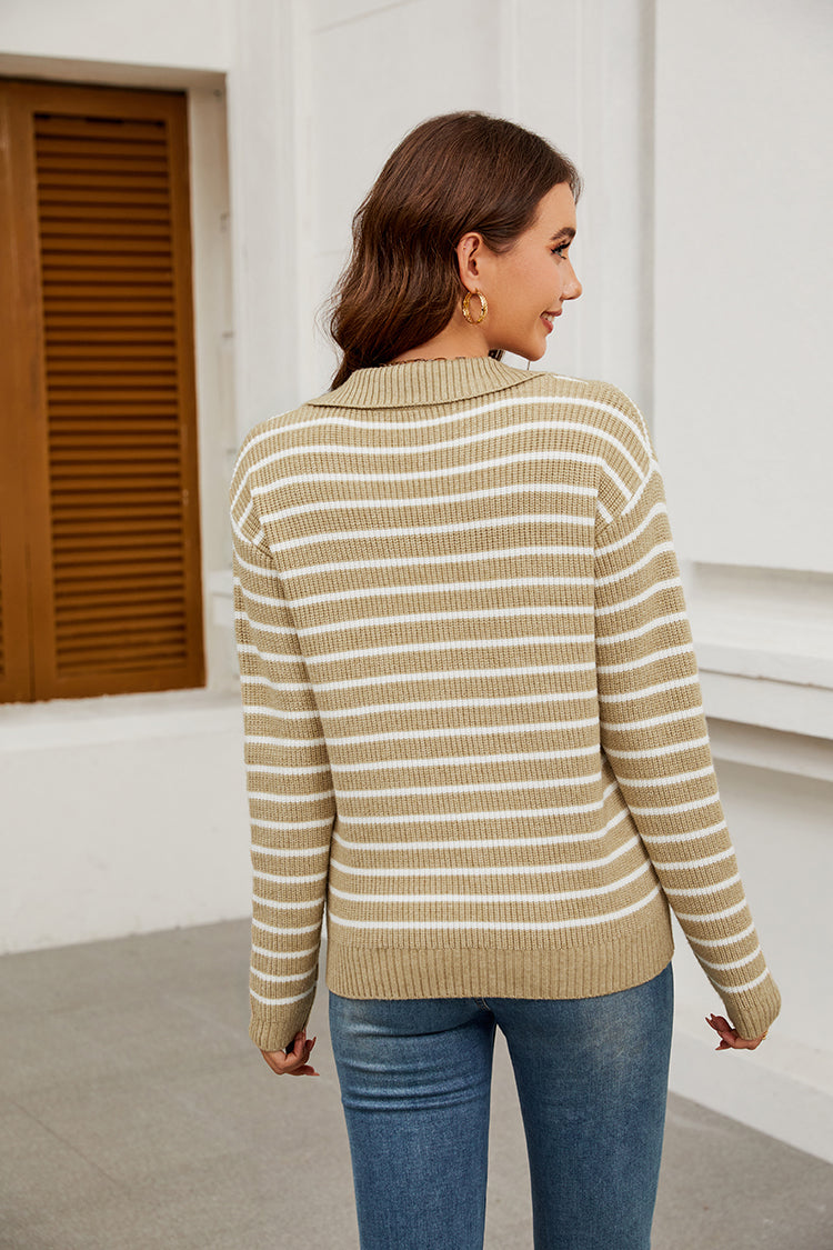 WQD Sweaters for Women Striped V Neck Collared Lightweight Knit Pullover Long Sleeve Casual Sweater for Spring Fall Winter