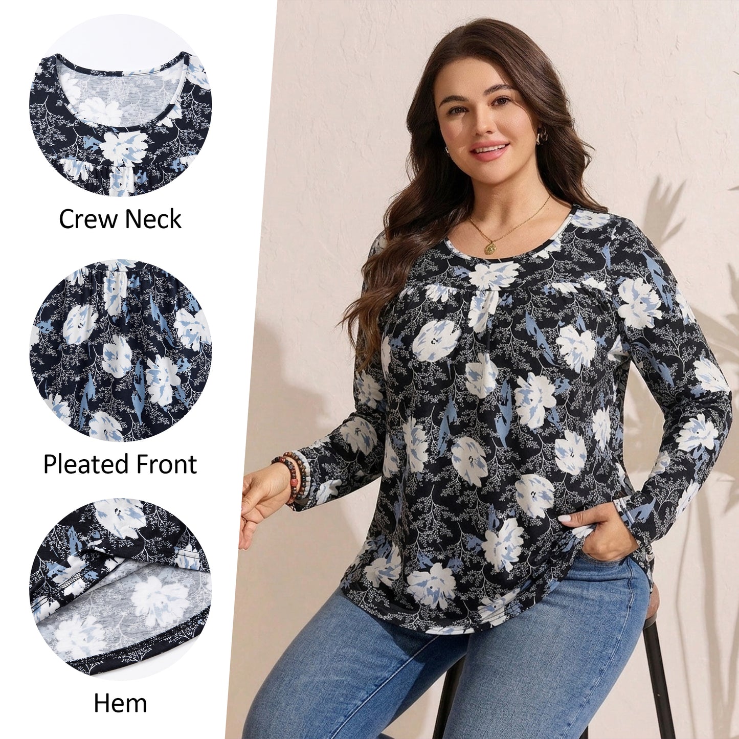 WQD Women's Long Sleeve Tunic Tops Floral Print Casual Crew Neck Pleated Blouse Loose Fit Flowy Shirts Dressy Casual Tops for Leggings S-4XL Plus Size