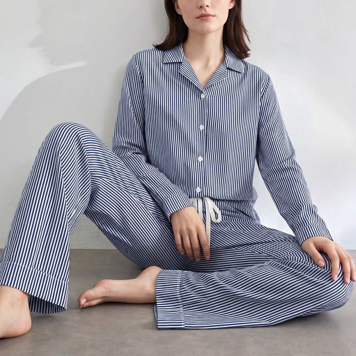 WQD Pajamas for Women Set 2 Piece Long Sleeve Button Down Top with Wide Leg Pants Soft Striped Loungewear Sleepwear with Pockets