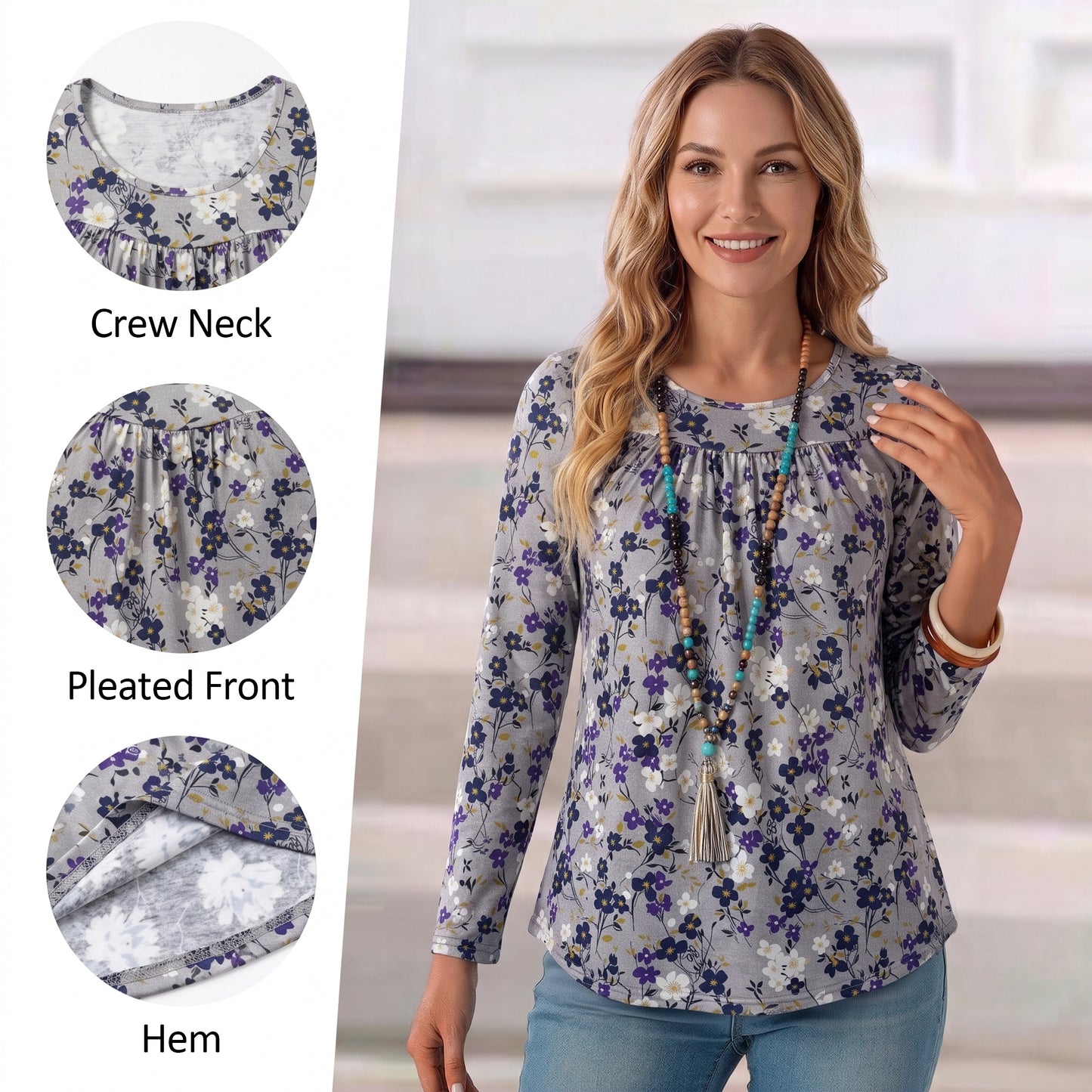 WQD Women's Long Sleeve Tunic Tops Floral Print Casual Crew Neck Pleated Blouse Loose Fit Flowy Shirts Dressy Casual Tops for Leggings S-4XL Plus Size