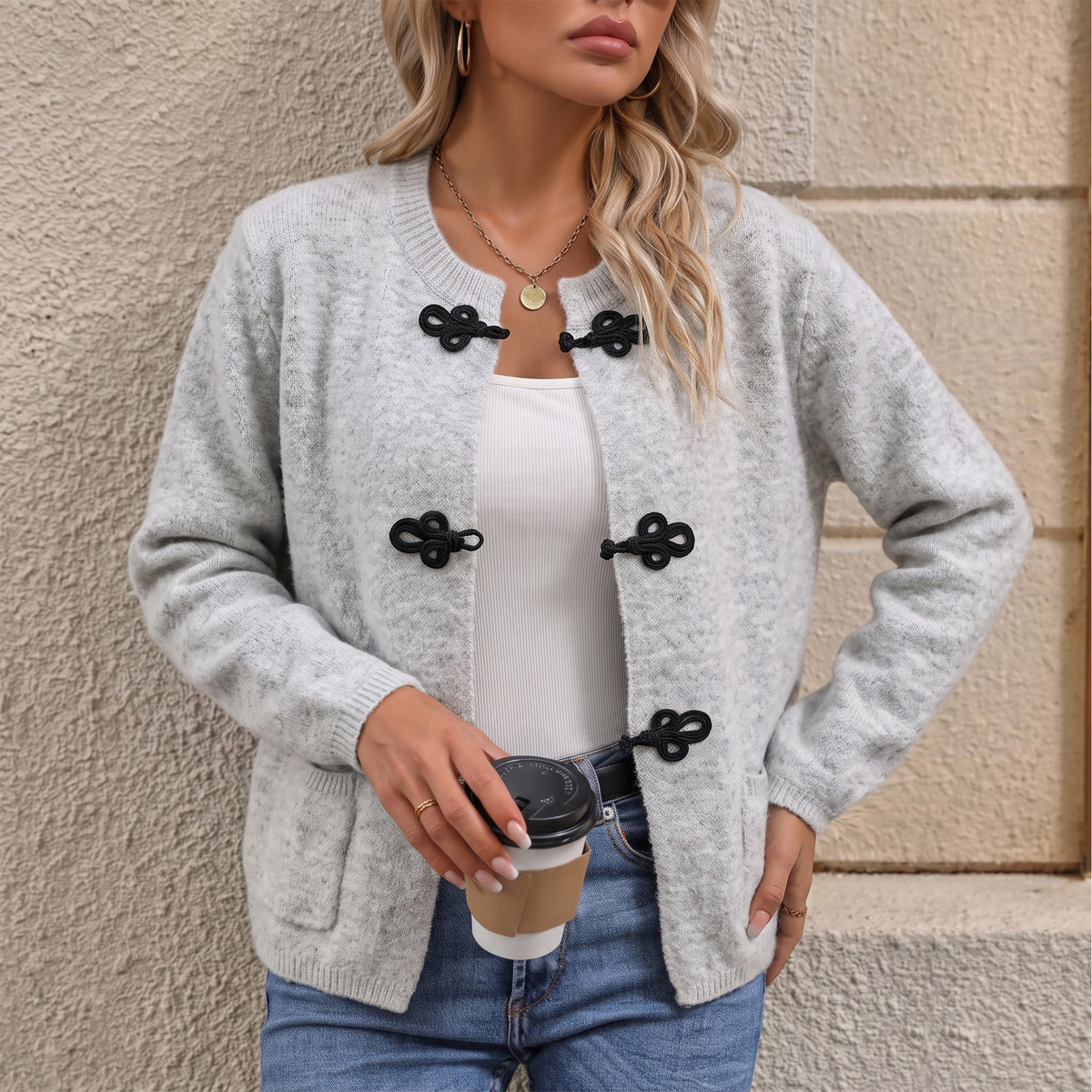 WQD Women's Cardigan Sweaters for Women Lightweight Knit Cardigan Long Sleeve Sweater Jacket with Chinese Frog Button and Pockets for Casual Fall Winter Wear